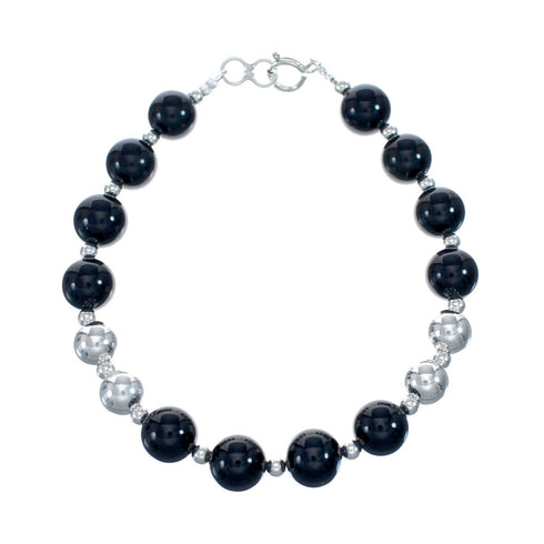 Native American Onyx Genuine Sterling Silver Bead Bracelet AX128068